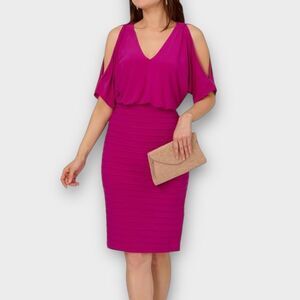 Adrianna Papell Hot Magenta Beaded Sleeve Blouson Bodice Stretch Dress Size 24W
